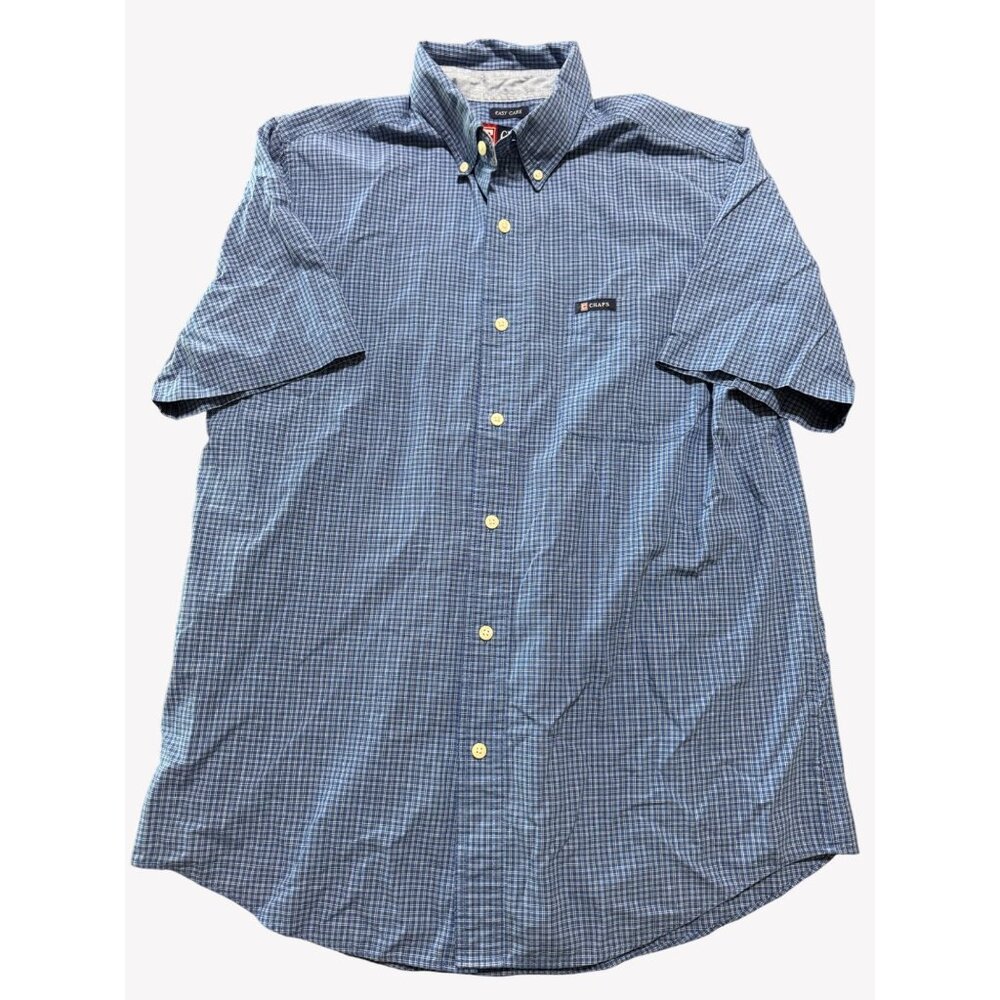 Chaps Mens Blue White Plaid Short‎ Sleeve Button-Down Shirt M Cotton Polyester